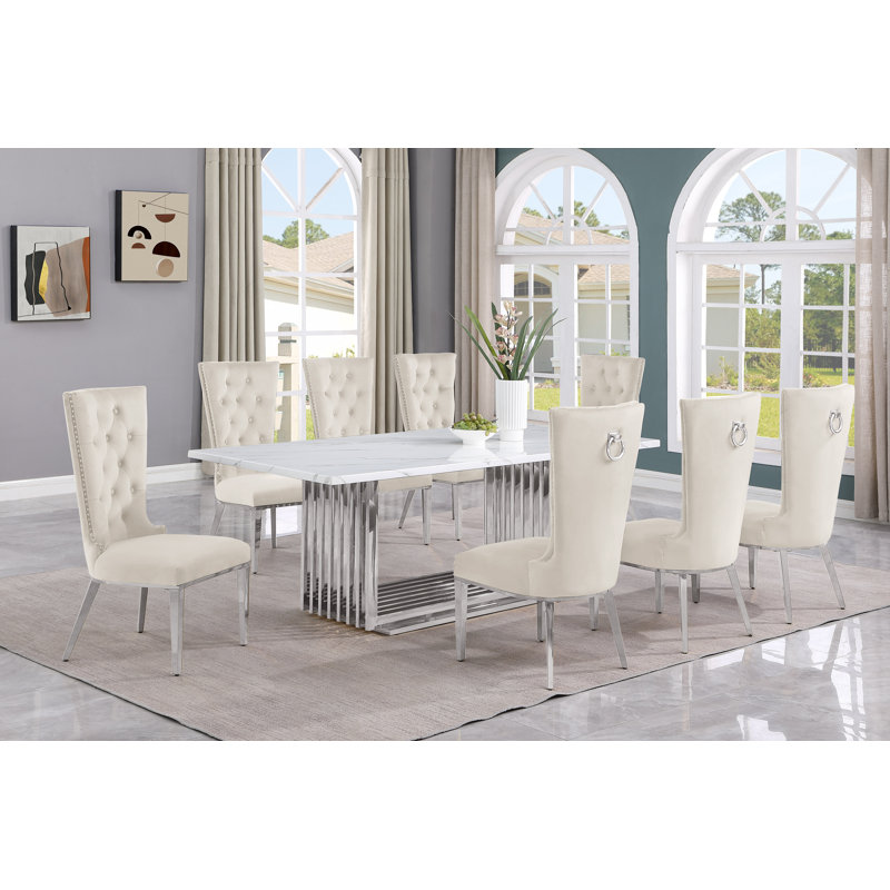 Barkhamsted Marble Top Pedestal Dining Set, Cream/Silver, 9, Silver