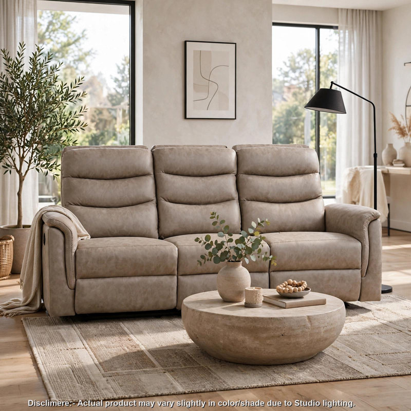 Meloni Double Glider Reclining Sofa, Drop-Down Table, Taupe Microfiber, Taupe Microfiber / Microsuede