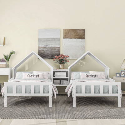 Double Platform Bed with House-shaped Headboard and a Built-in Nightstand