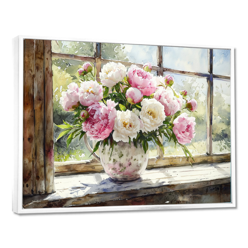 Art mural rustique avec pivoines II - pivoines, H 30 po x l 40 po, Cadre flottant blanc