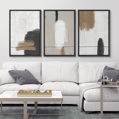 SIGNLEADER Framed Canvas Print Wall Art Set Grunge Brown White Paint Strokes Abstract Shapes Illustrations Modern Art Bohemian Nordic Relax/Calm For Living Room, Bedroom, Office