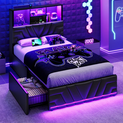 Structure de lit simple avec 4 tiroirs et tête de lit avec rangement, lits de jeu de style Esports avec lumières RVB et station de charge, lits plateforme revêtus de similicuir, noir