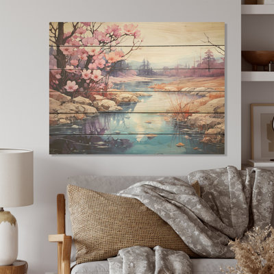 Alcohol Ink River Tranquility - Countryside Wood Wall Art On Natural Pine Wood