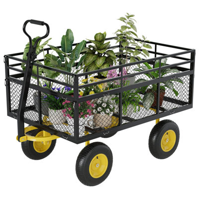 1400 Lbs Heavy Duty Steel Garden Cart – Removable Mesh Sides, 10" Pneumatic Tires, 180° Swivel Handle, Folding Flatbed Wagon for Yard, Lawn, Farm & Camping