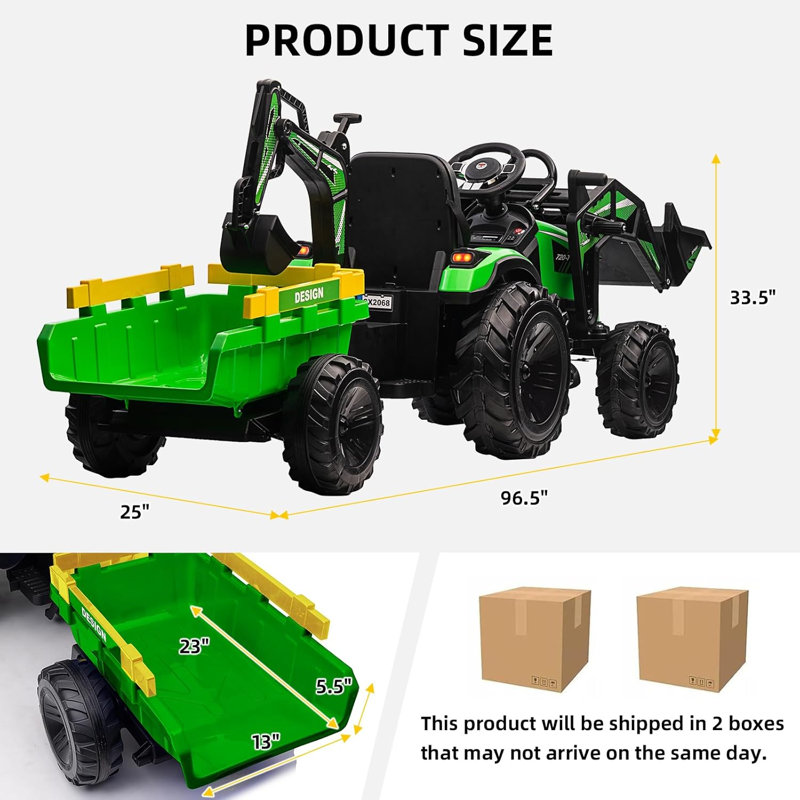 24V Kids Ride On Tractor, Excavator & Bulldozer w / Trailer, Digger, Shovel Bucket, télécommande, lumières DEL, musique