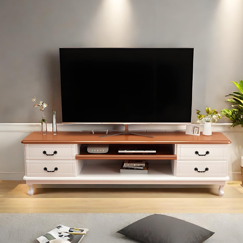 Meuble télé moderne en bois massif, Blanc / Brun, H 19,68 po x L 70,86 po x l 14,17 po