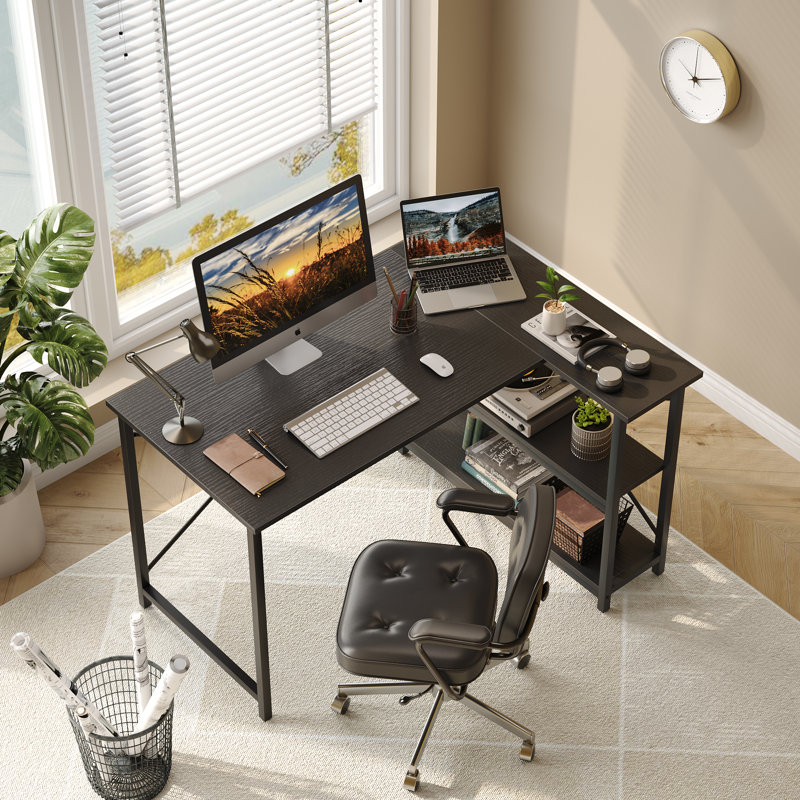 Bureau d'ordinateur en L Walbrook, bureau de travail réversible avec tablettes réglables Walbrook, Noir