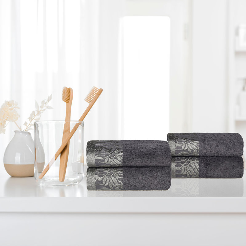Carinna Cotton Medium Weight Floral Jacquard Border Assorted Bathroom Towel Set, Gray, 6 Piece Towel Set