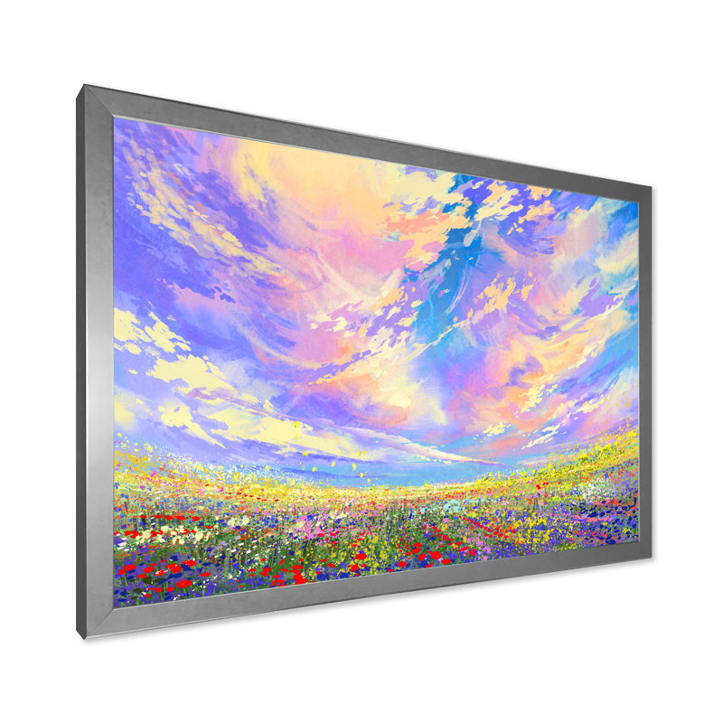 Fleurs colorées dans un champ sous de magnifiques nuages - peinture sur toile, H 24 po x l 32 po x P 1 po