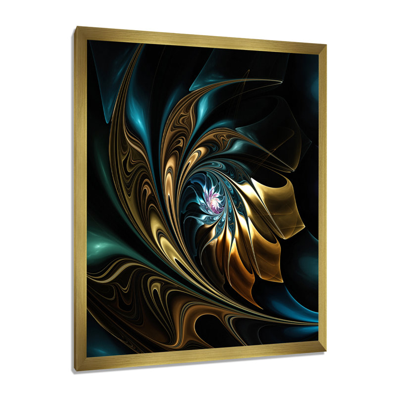 Fleur noire dorée moderne - art mural fleur fractale, impression avec fleur noire, H 40 po x l 30 po, Métal