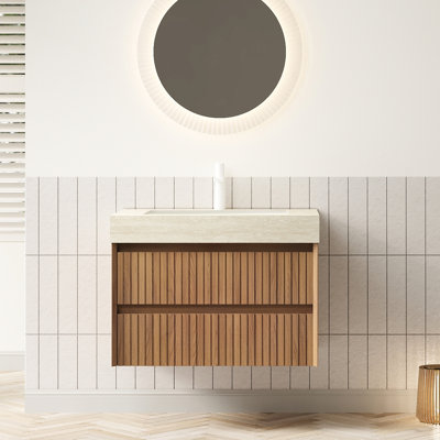 Meuble-lavabo et lavabo 30 po, rangement en contreplaqué rayé flottant, 2 tiroirs, comptoir en pierre frittée, lavabo encastré en céramique, couleur, mécanisme de tiroir à fermeture en douceur, niveau E0, installation facile