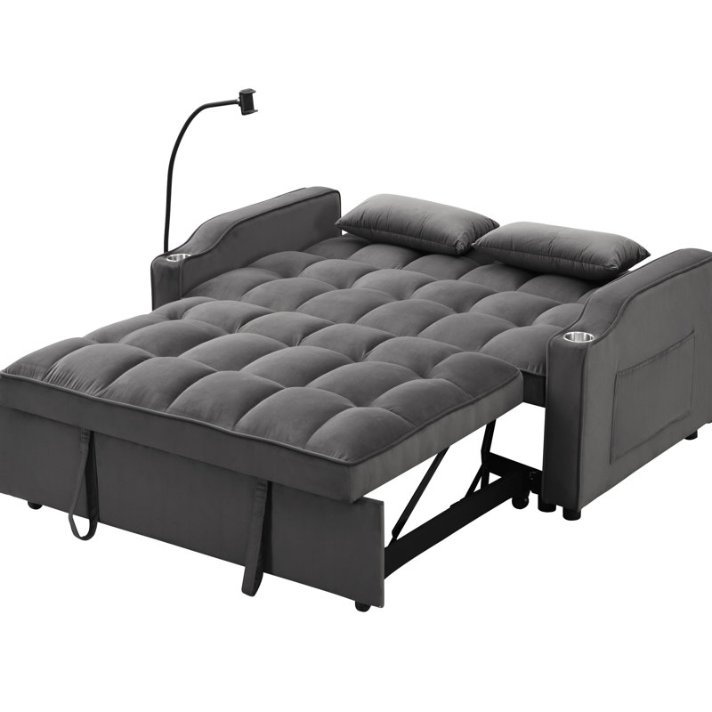 Gris foncé, 2 places, lit convertible, lit gigogne, velours doux et lisse, dossier réglable de niveau 3, positions multiples, pliable, peu encombrant, coussins, chargement, lit avec support pour téléphone avec convertible,