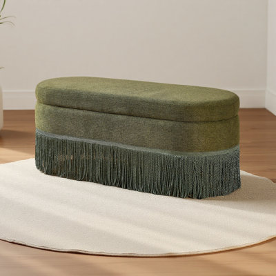 Repose-pieds ovale rembourré avec rangement à franges et couvercle relevable - L 39 po x l 16 po x H 17 po, repose-pieds multifonctionnel et rangement caché pour le salon ou la chambre à coucher - Tissu avec structure en métal