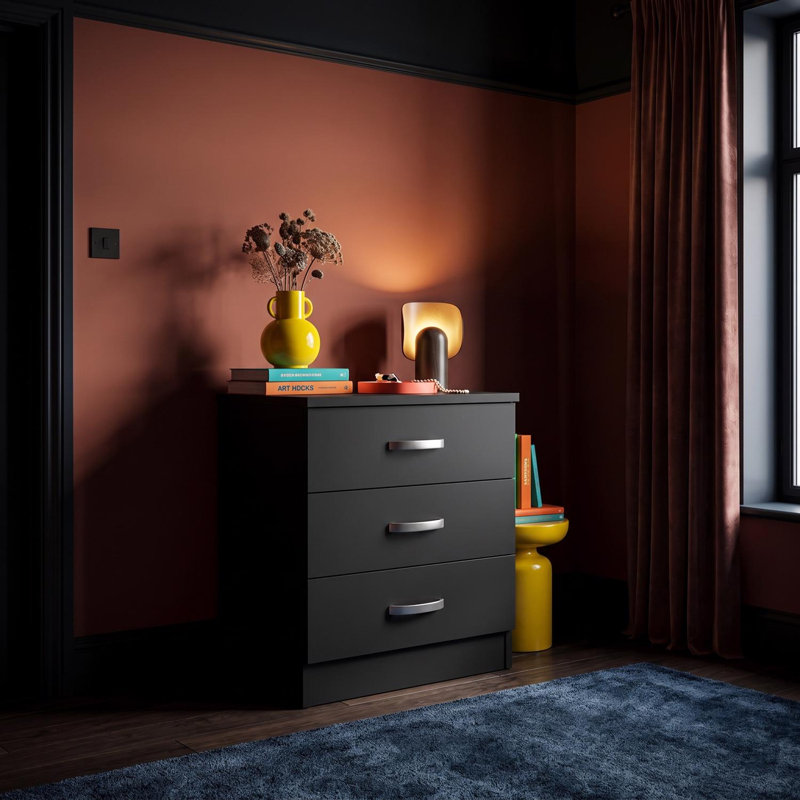 Tunis 3 Drawer Chest Of Drawers - Matt Finish, Scratch Resistant, Brushed Chrome Metal Handles, Black