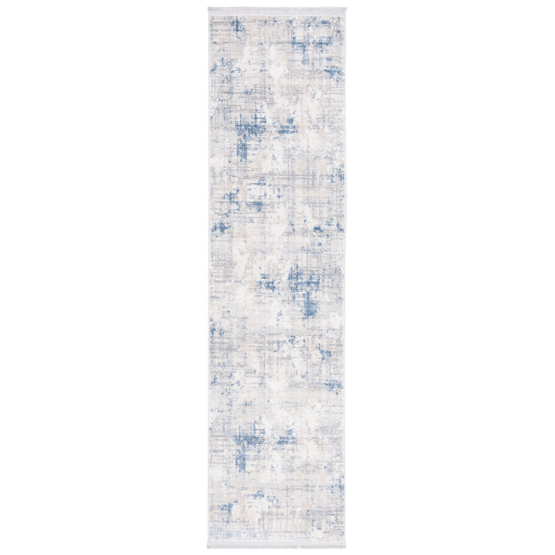Tapis abstrait en polypropylène tissé à la machine en gris / bleu / ivoire Dudden, Tapis de couloir 2 pi 2 po x 8 pi