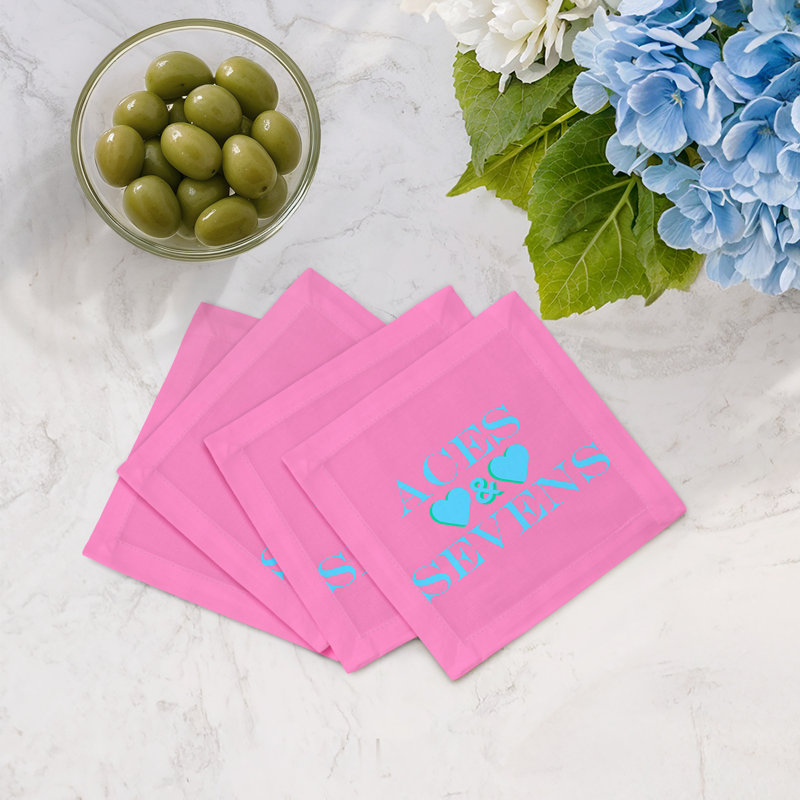 Canasta Aces And Sevens Cotton Sateen Cocktail Napkins, Pink Blue
