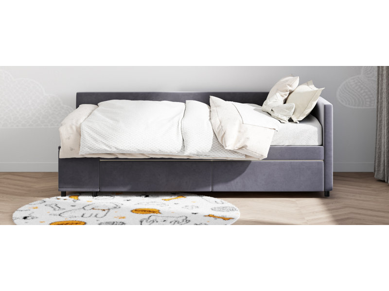 Lit plateforme tapissier en forme de L avec rangement et tiroirs, Gris