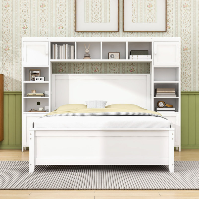 Lit double en bois avec rangement intégré et tablettes décoratives, Blanc
