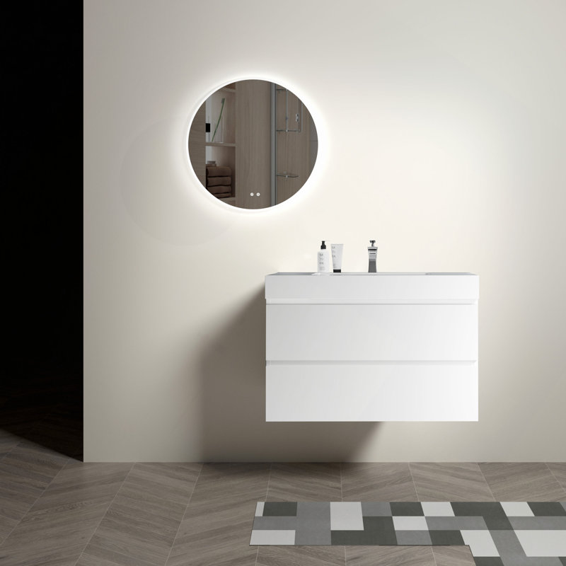 Meuble-lavabo de salle de bain avec lavabo, grand meuble-lavabo flottant mural pour salle de bain moderne, lavabo une pièce sans drain ni robinet, pré-assemblé