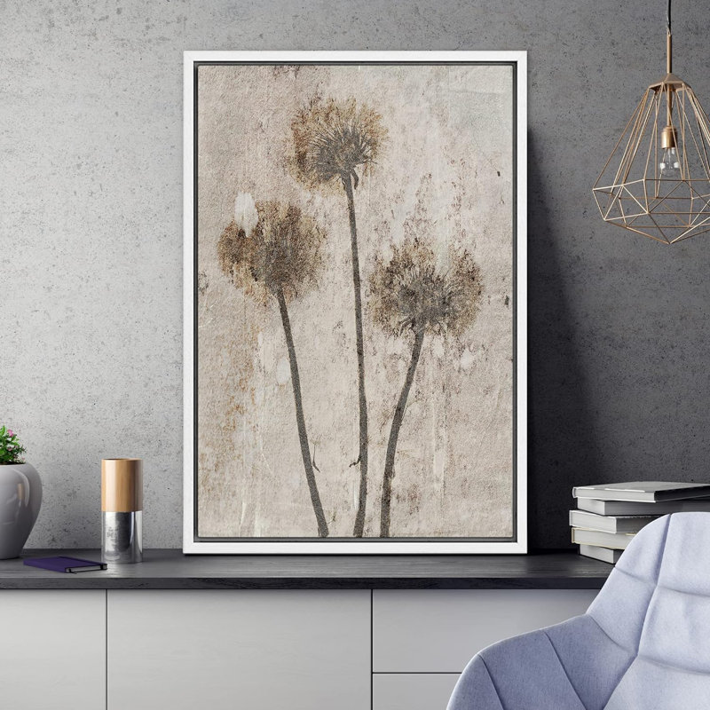 «Grunge Dandelion Flower Silhouettes» sur toile, Cadre flottant blanc, H 24 po x l 16 po