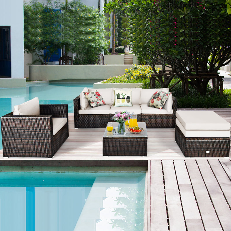 Ensemble de conversation modulaire en rotin 7 pièces avec coussins Patiojoy, Blanc