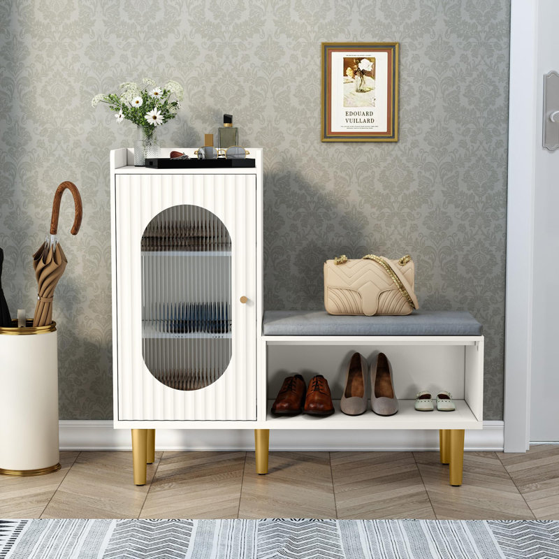 Storage Bench with Glass Doors and Shelves, White