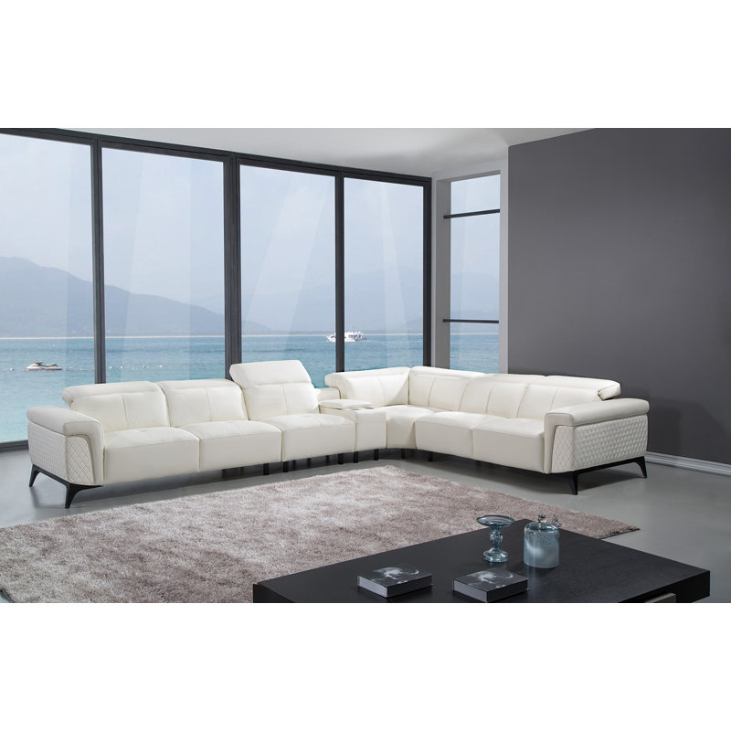 White Italian Leather 4-Piece Sectional with Adjustable Headrest