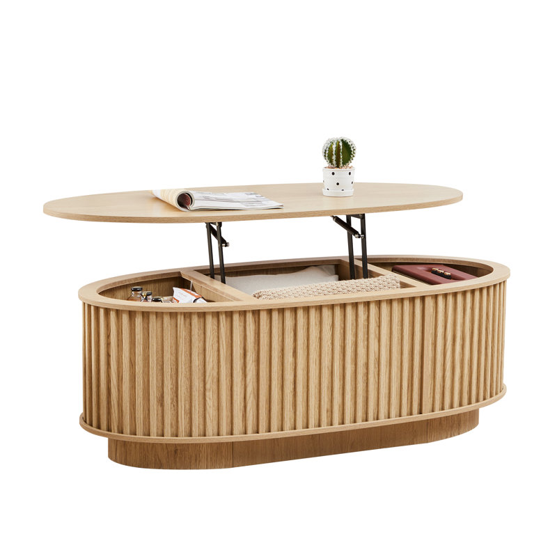 Table basse ovale à plateau relevable de 43,3 po avec rangement, Naturel