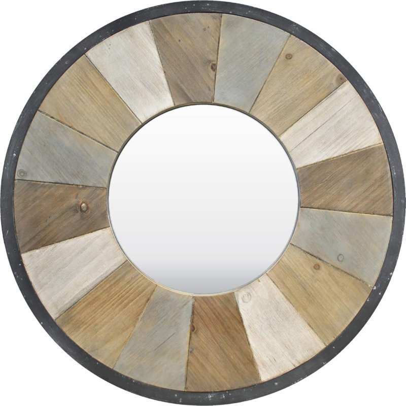 Grand miroir rond en bois rétro