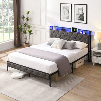 Lit plateforme rembourré polyvalent avec éclairage intelligent, tablette de rangement et structure robuste pour plus de confort et de commodité