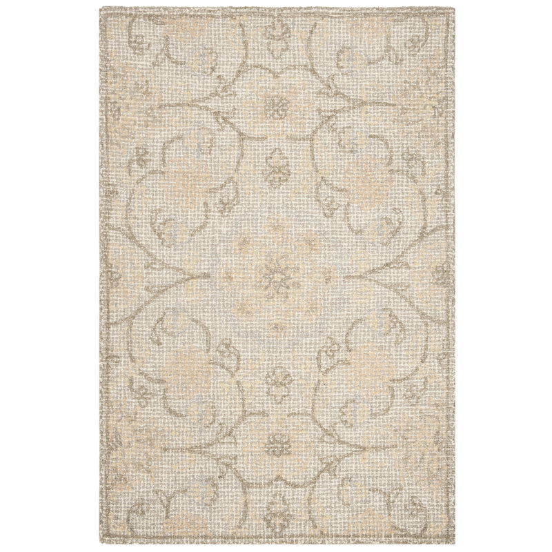 Tapis gris clair / ivoire en laine touffeté à la main à motif floral Sulema, Rectangle 9 pi x 12 pi