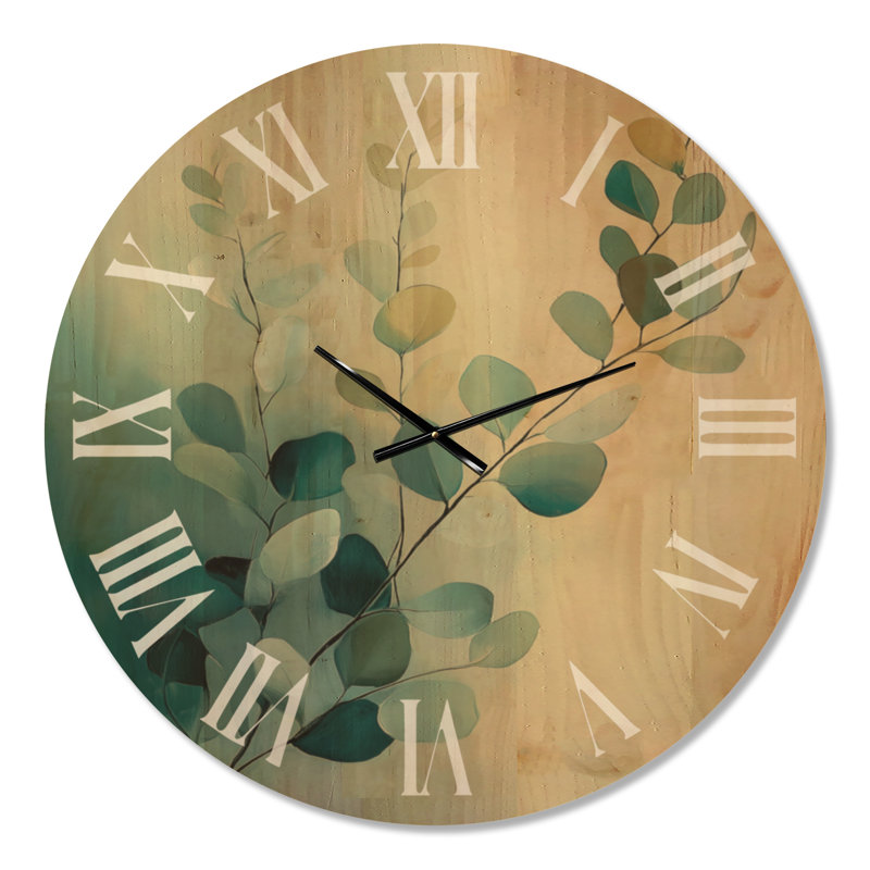 Brins d'eucalyptus côtiers II - Horloge murale ronde de style ferme, impression sur bois, Extra Large