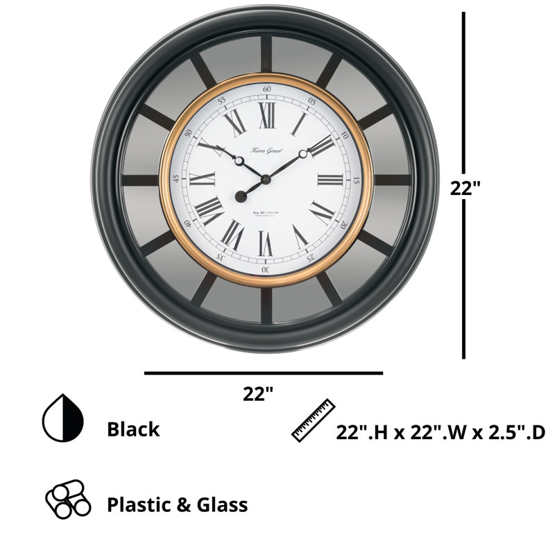 Oversized Black and Copper Wall Clock with Mirror Accent