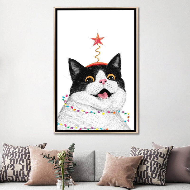 Chat de Noël - reproduction d'art murale , Champagne, Reproduction encadrée sans passe-partout, H 60 po x l 40 po