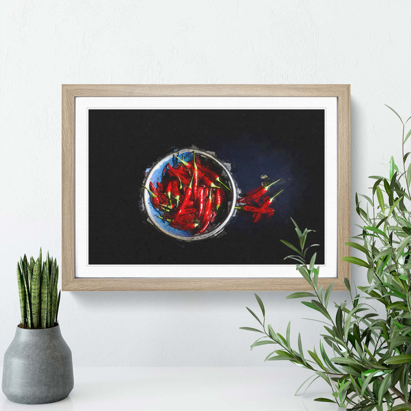 Red Chilli's in a Bowl in Abstract - Picture Frame Graphic Art Print, 36cm H x 48cm W x 2cm D, Oak Framed