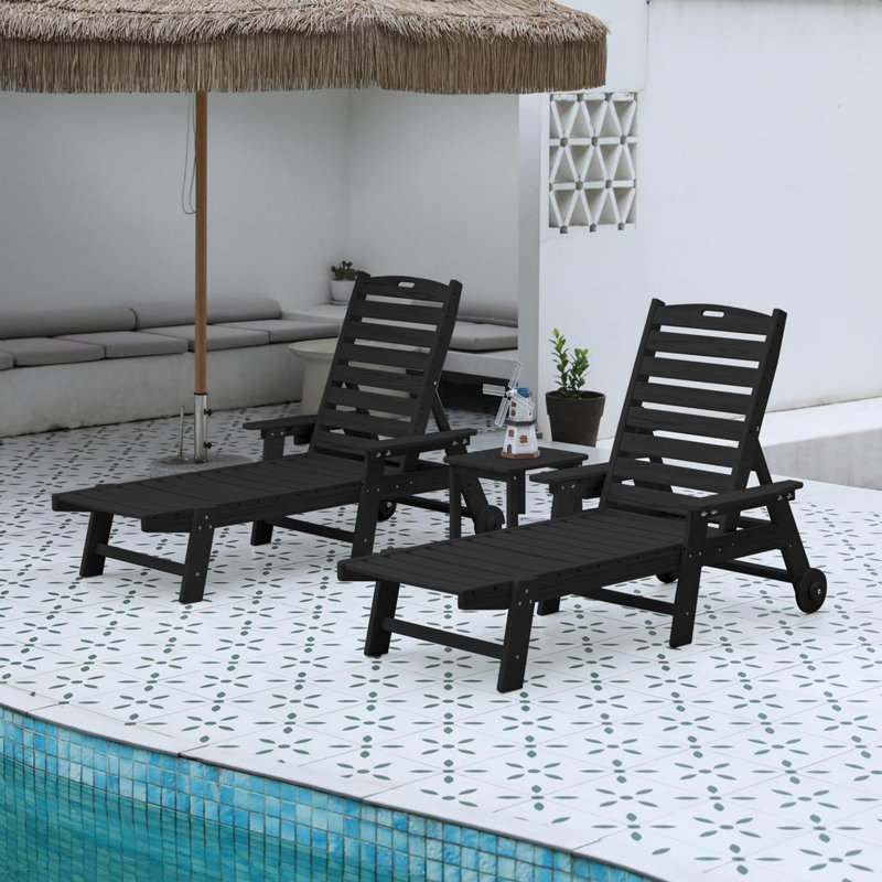 Chaise longue avec table d'appoint, ensemble de 3 chaises longues surdimensionnées, Noir, noir, noir, noir
