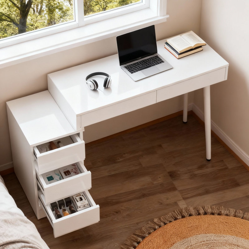 Bureau 39,37 po blanc brillant moderne avec 5 tiroirs et support d'imprimante, ordinateur de bureau réversible et coiffeuse pour petits espaces