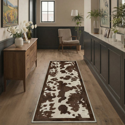 Aura Rustic Cowhide Machine Washable Cocoa Bean Indoor Area Rug with Non-Slip Backing