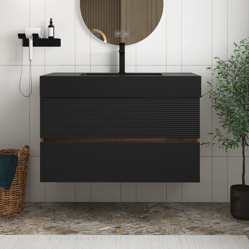 Modern Bathroom 36 Inch Walnut Bathroom Vanity With One-Piece Matt Black Engineered Quartz Sink And Soft Black Drawers,Wall Mounted Floating Bathroom Vanity