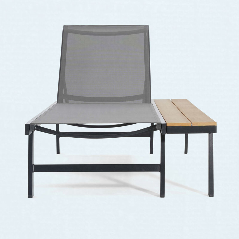 Waterloo Outdoor Chaise Lounge With Attached Wood-Grain Side Table Aluminum Mesh Adjustable 5-Position Patio Pool Recliner 1PC