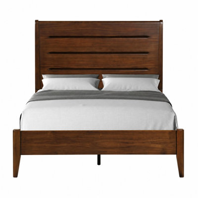 Lit king size à panneaux ajourés de style moderne du milieu du siècle - Placage en bouleau avec fini bois naturel chaleureux, cadre de chambre robuste