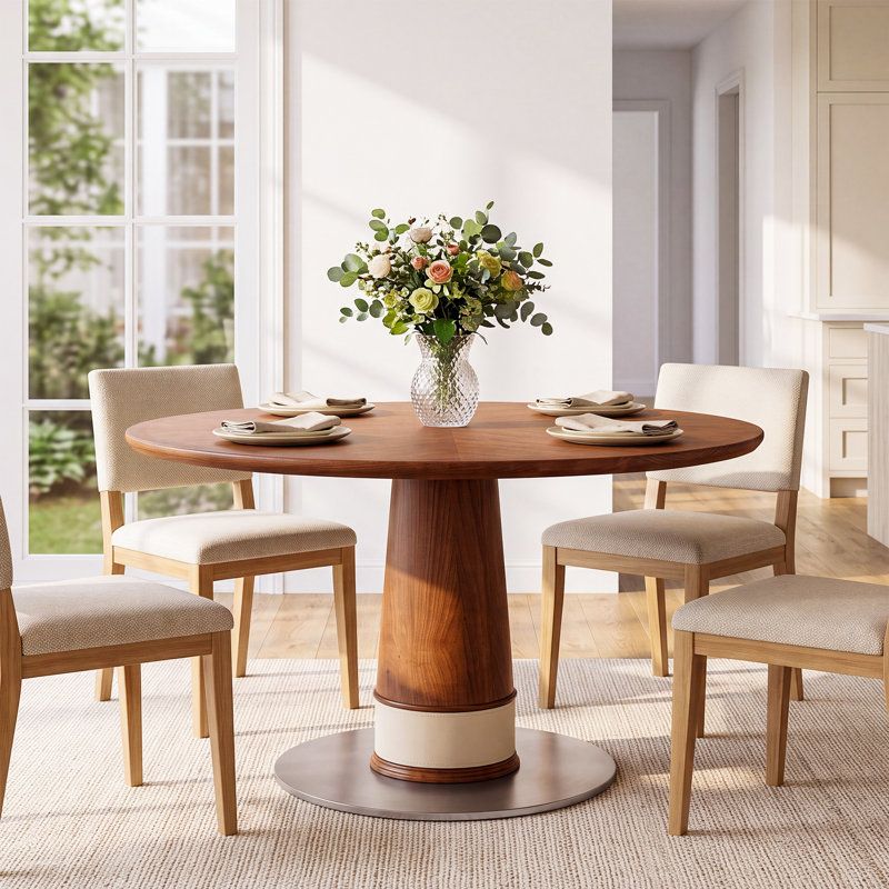 Table de salle à manger ronde en bois massif 47,24 ", table de cuisine à piédestal pour la salle à manger, base en acier inoxydable, style Mid-Century moderne