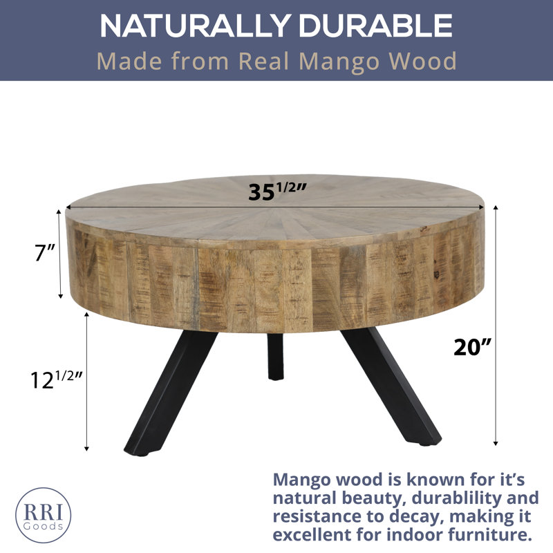 Handcrafted Rustic Round Mercury Coffee Table - Natural Mango Wood with Metal Legs