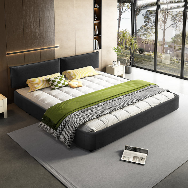 Lit plateforme en chenille avec tête de lit rembourrée et très grand lit, Gris foncé