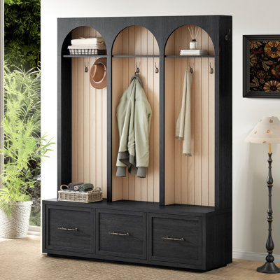 59" Farmhouse Arched Hall Tree with Bench, 8 Retro Hooks, 4 Drawers by Lark Manor