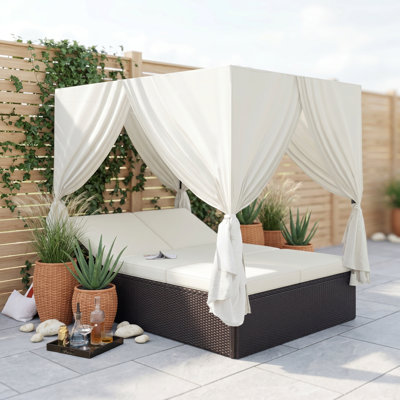 Outdoor Double Chaise Lounge Daybed with Adjustable Head and Footrest, Steel Frame, HDPE Base, Curtains and Removable Cushions