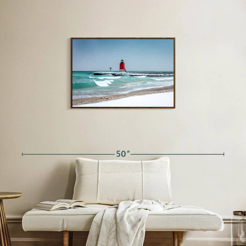 Vue du phare de Charlevoix, Cadre flottant noyer, 31 po x 21 po