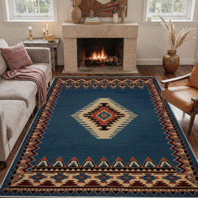 Southwestern Tribal Medallion Machine Washable Blue / Beige / Red Indoor Area Rug with Non-Slip Backing