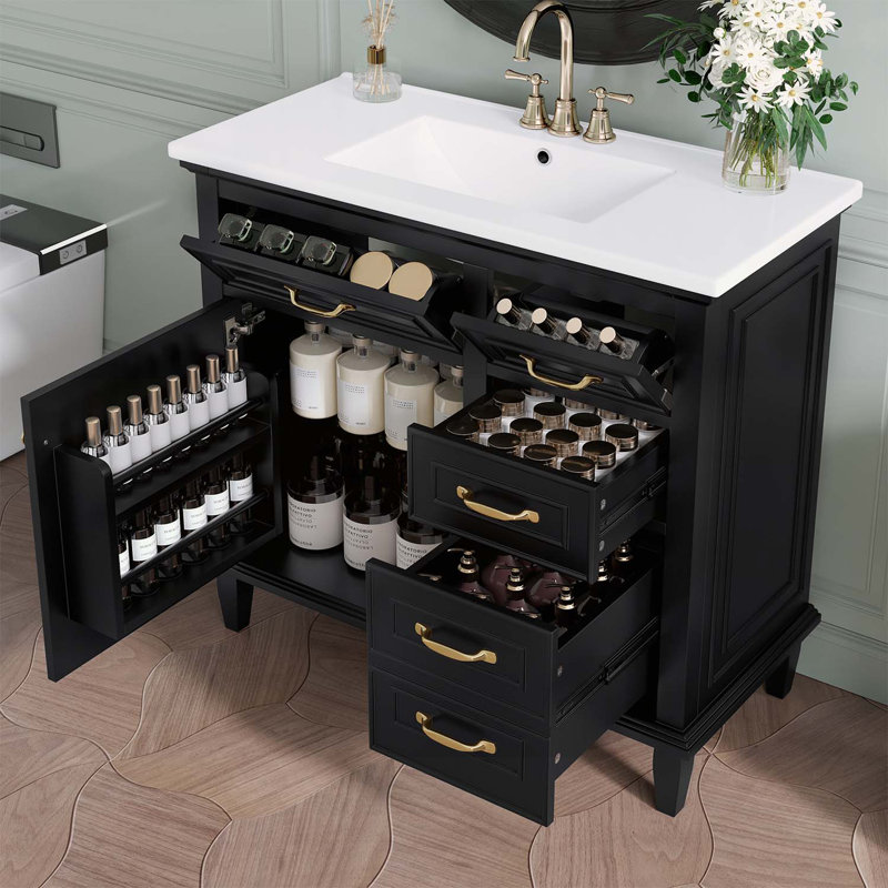 Armoire de rangement autoportante avec lavabo, tiroirs rabattables et tablette réglable, Noir