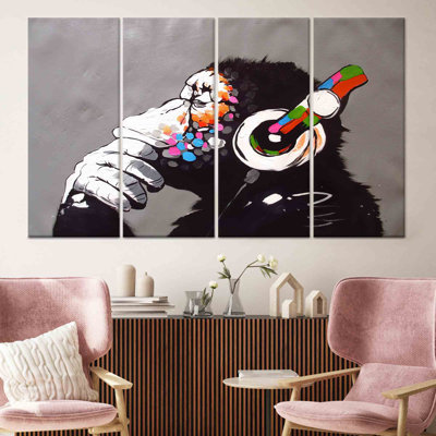 Imprimé de toile de singe Banksy: Graffiti Chimp avec écouteurs, toile tendue 4P